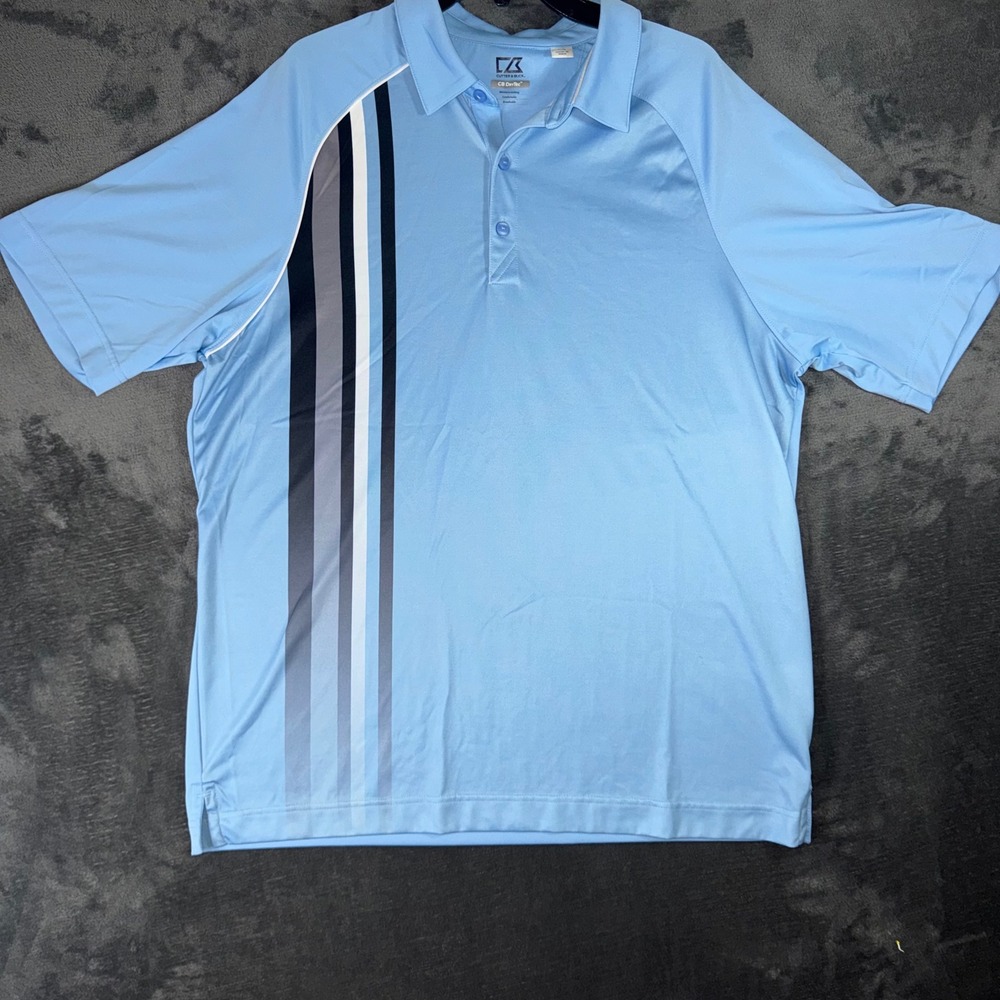 Mens Large Cutter & Buck Polo Shirt Blue Excellent CB DryTec Striped Golf Tee